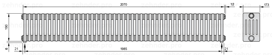 Схема (чертеж) Радиатор Zehnder Charleston 5019/45 №3570 Белый глянцевый RAL 9016